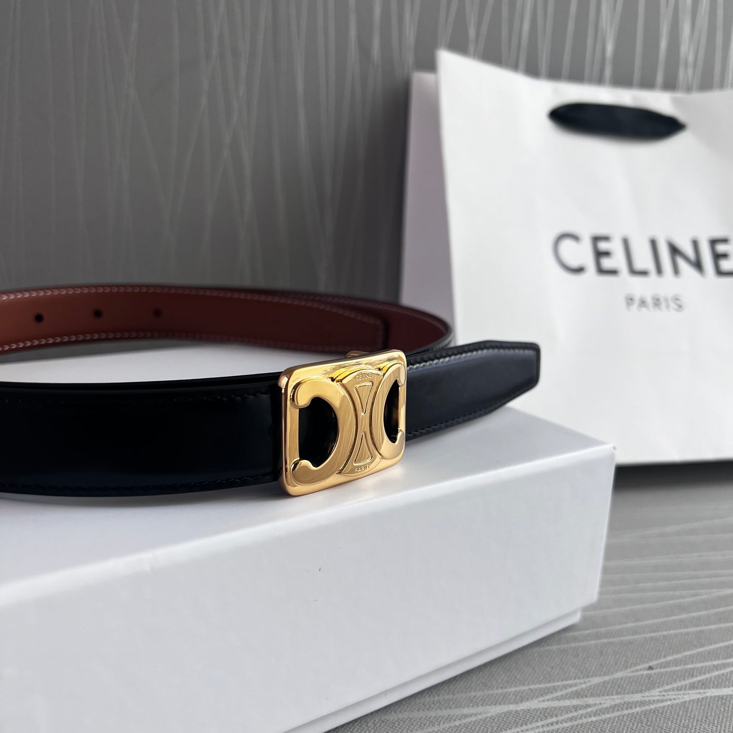 Cinto C reversible negro y camel piel