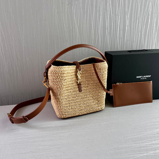 Bolso Y rafia natura y piel color marrón tamaño mediano
