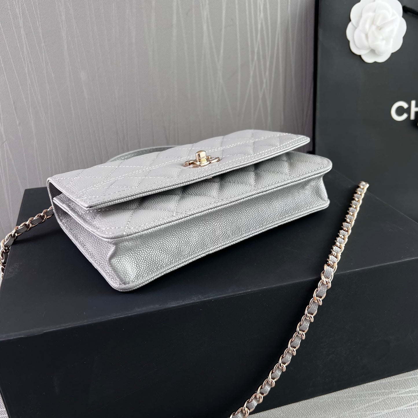 Bolso C piel color gris con herrajes dorados