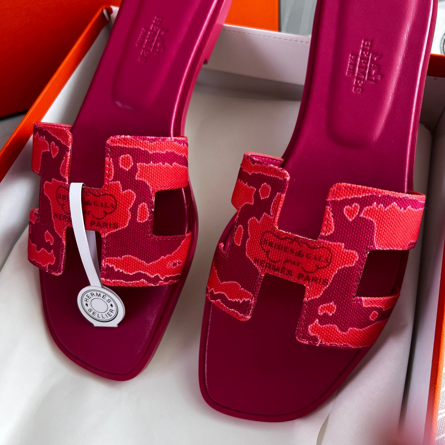 Sandalias H piel y lona color rosa y naranja