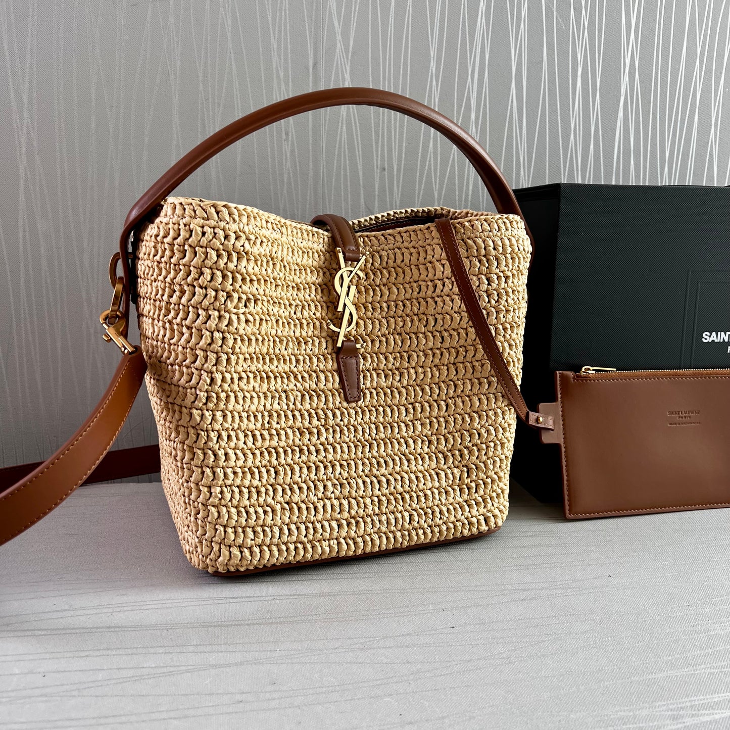 Bolso Y rafia natura y piel color marrón tamaño mediano