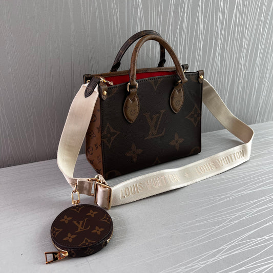 Bolso L On-thego canvas color cafe y strap beige