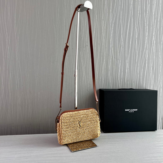 Bolso Y rafia natural y piel marrón