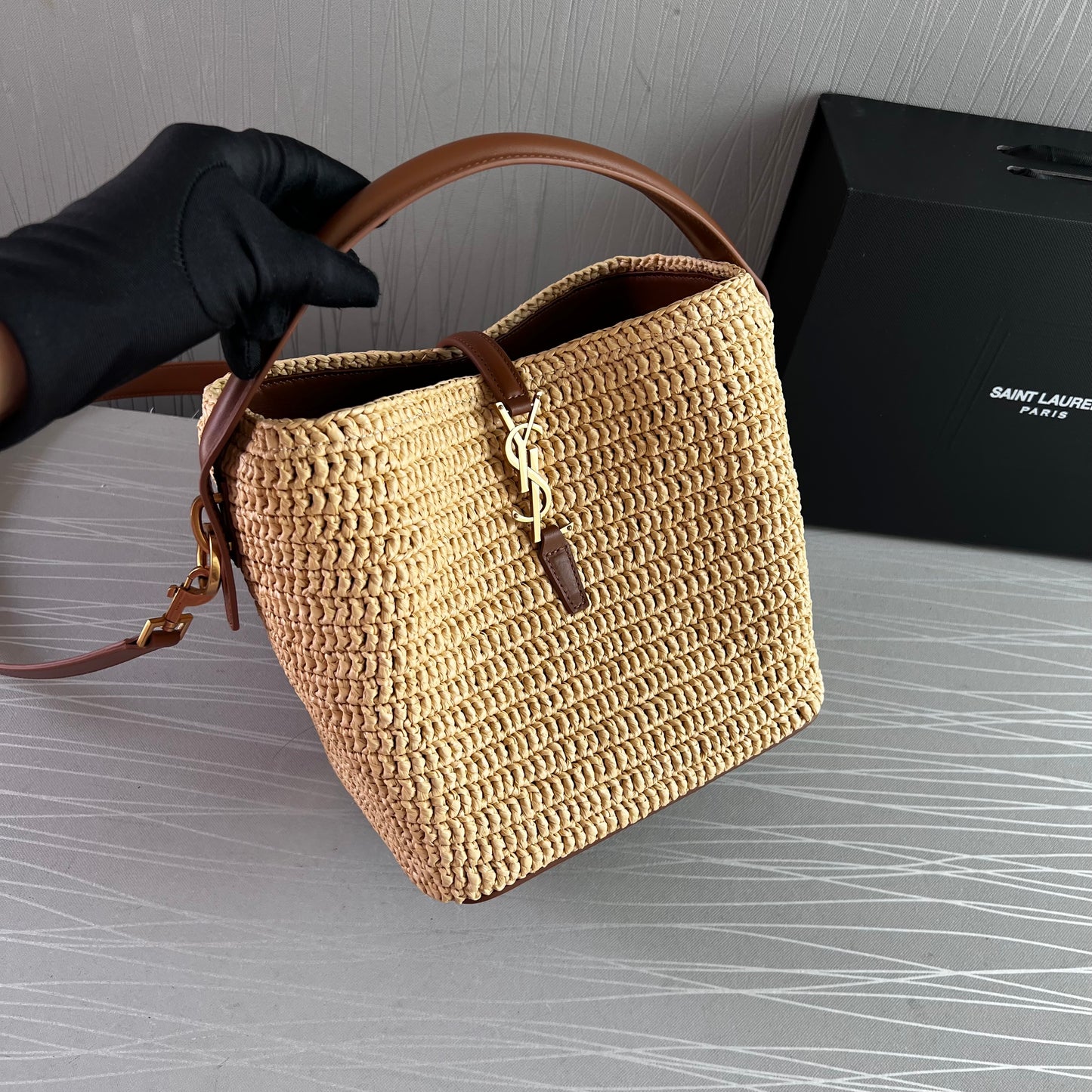Bolso Y rafia natura y piel color marrón tamaño mediano
