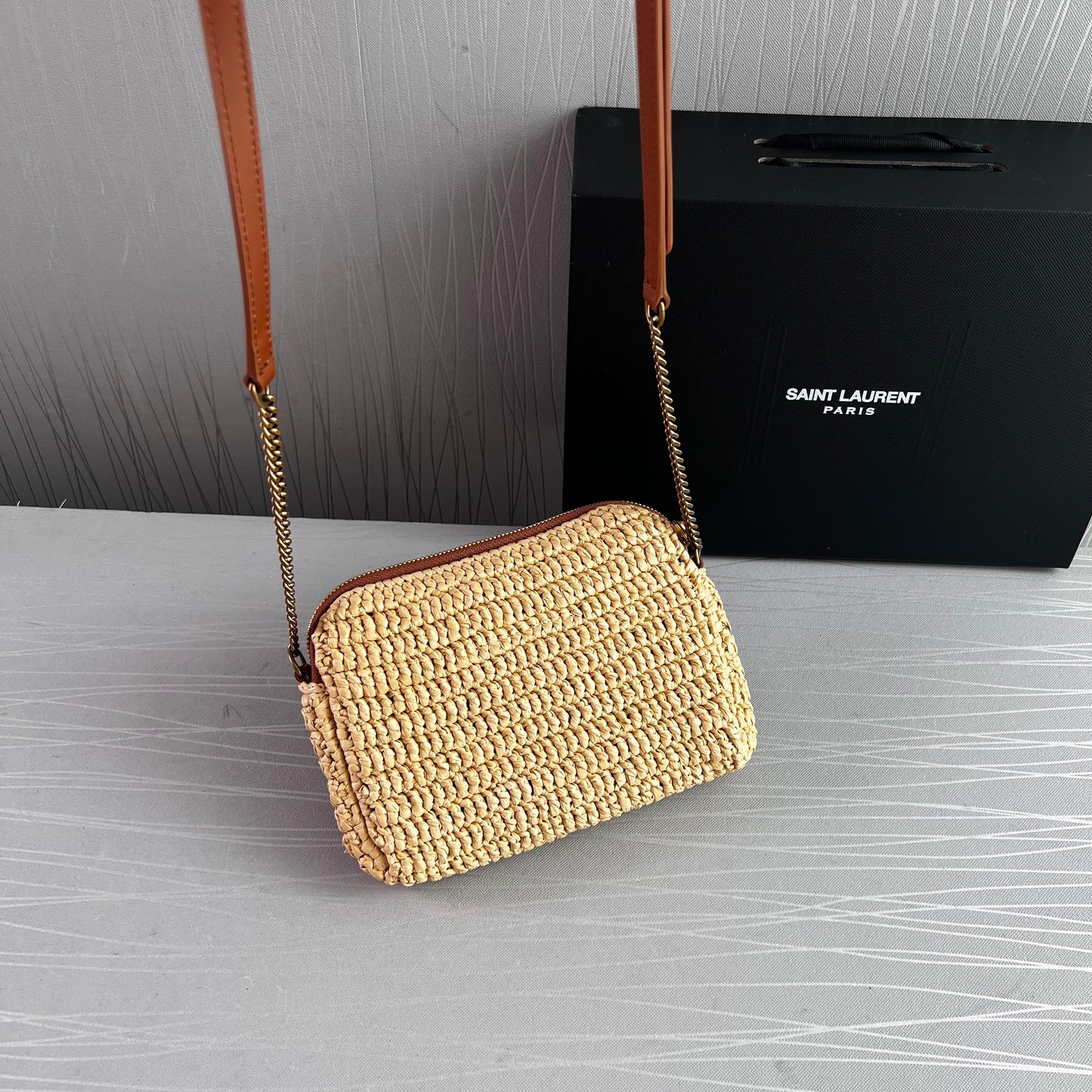 Bolso Y rafia natural y piel marrón