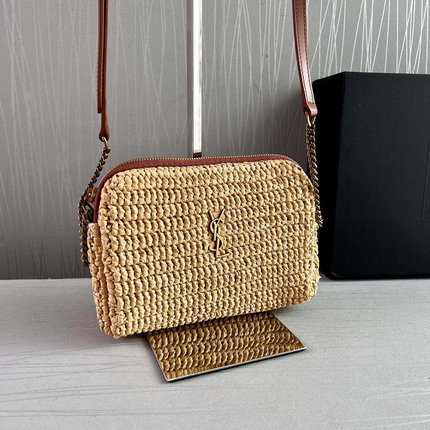 Bolso Y rafia natural y piel marrón