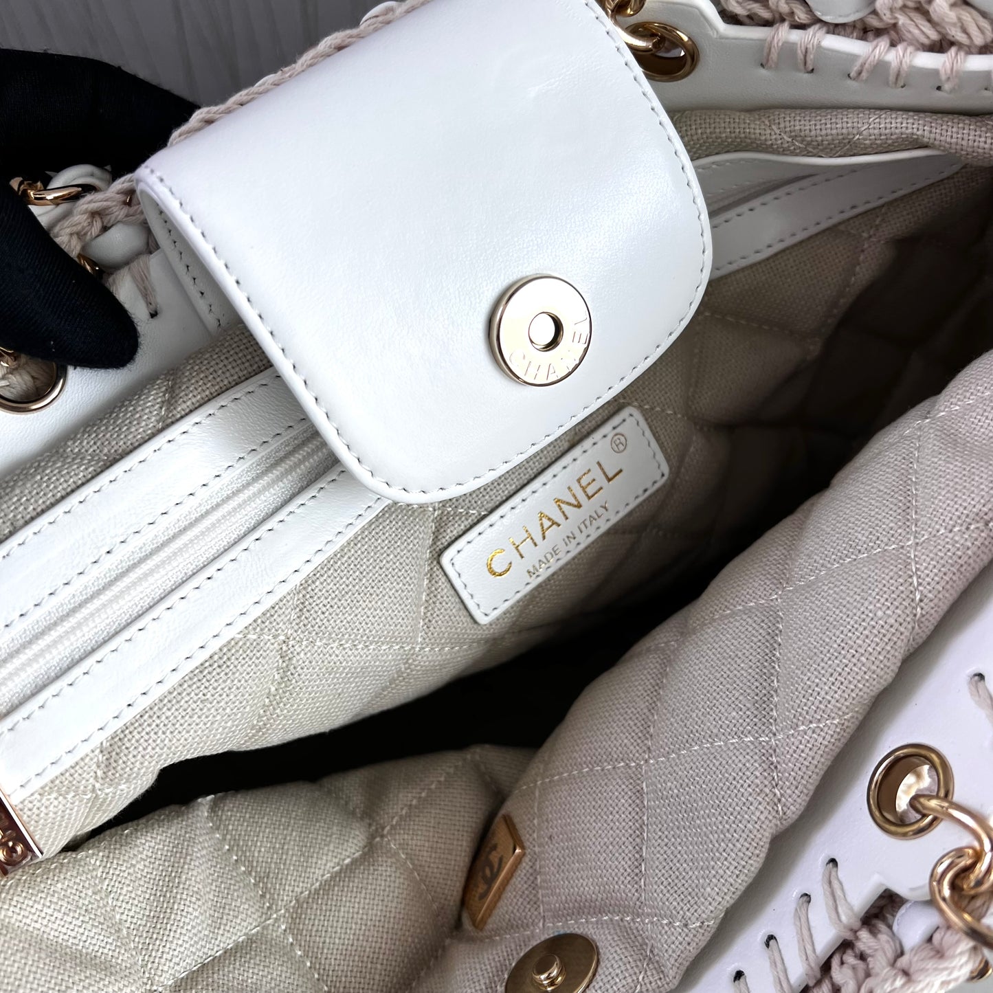 Bolso C algodón natural tejido y piel