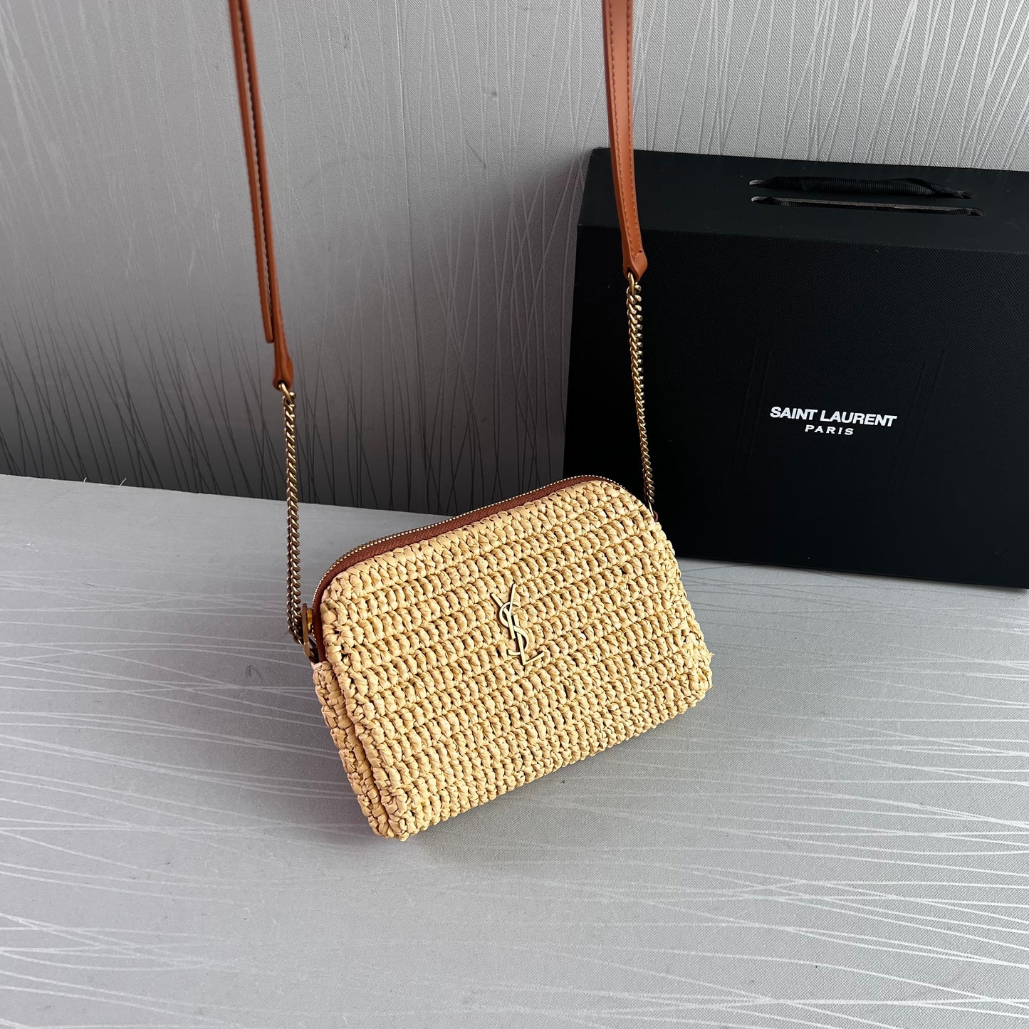 Bolso Y rafia natural y piel marrón