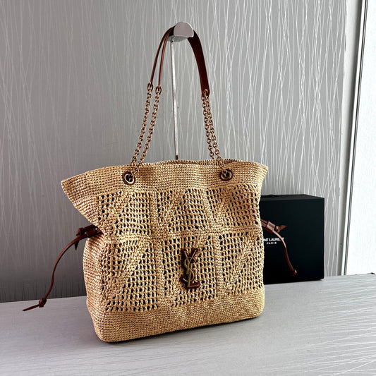 Bolso Y rafia natural y piel color marrón