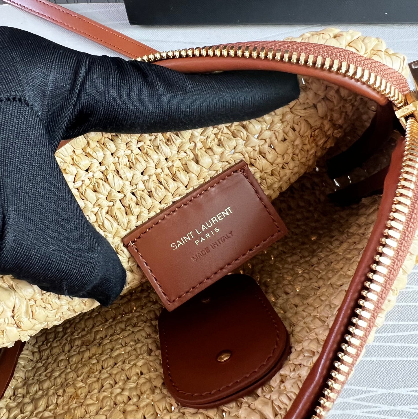 Bolso Y rafia natural y piel marrón