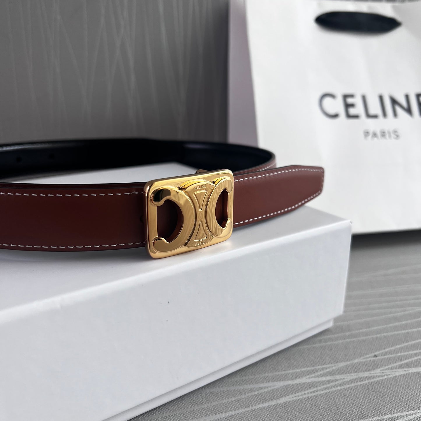 Cinto C reversible negro y camel piel