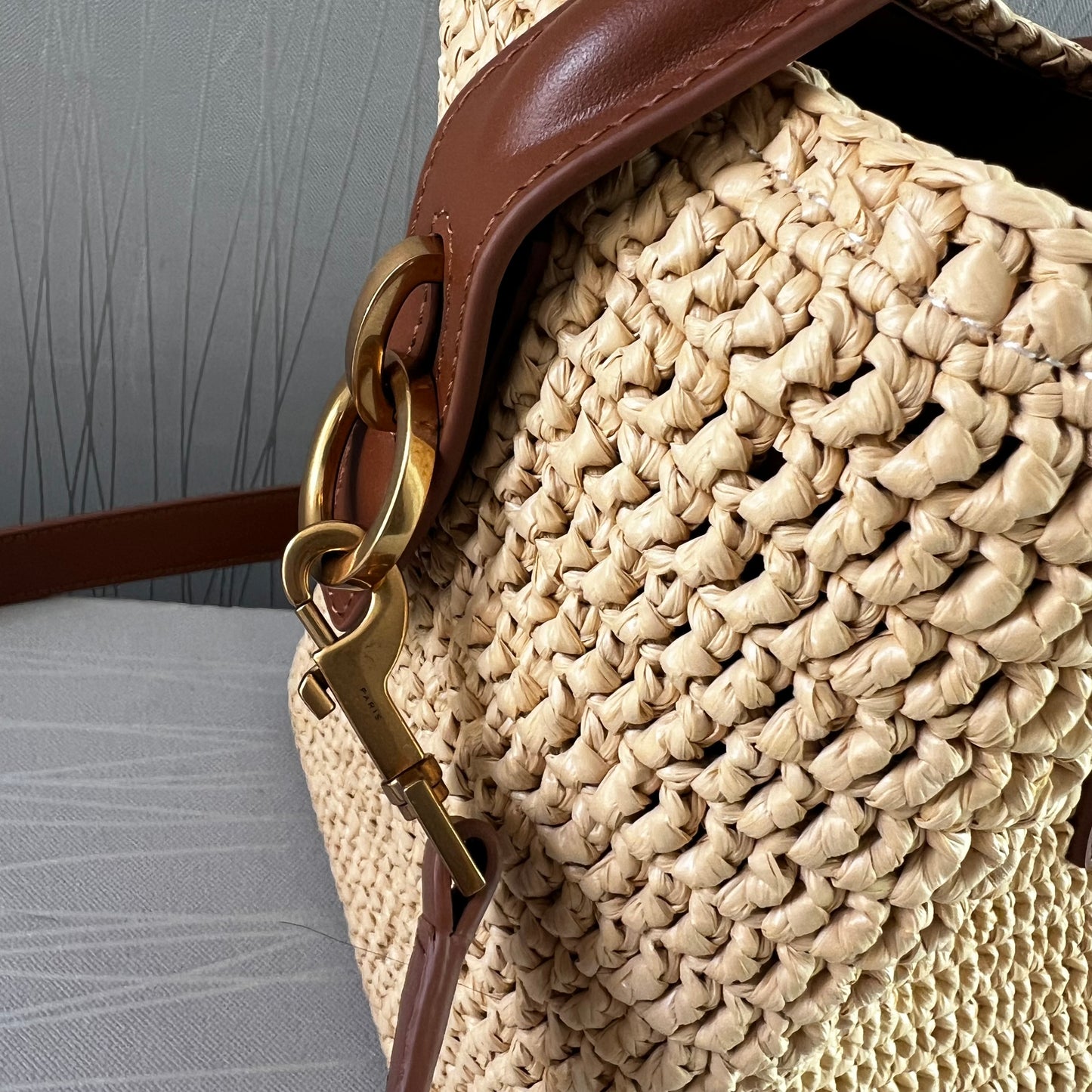 Bolso Y rafia natura y piel color marrón tamaño mediano
