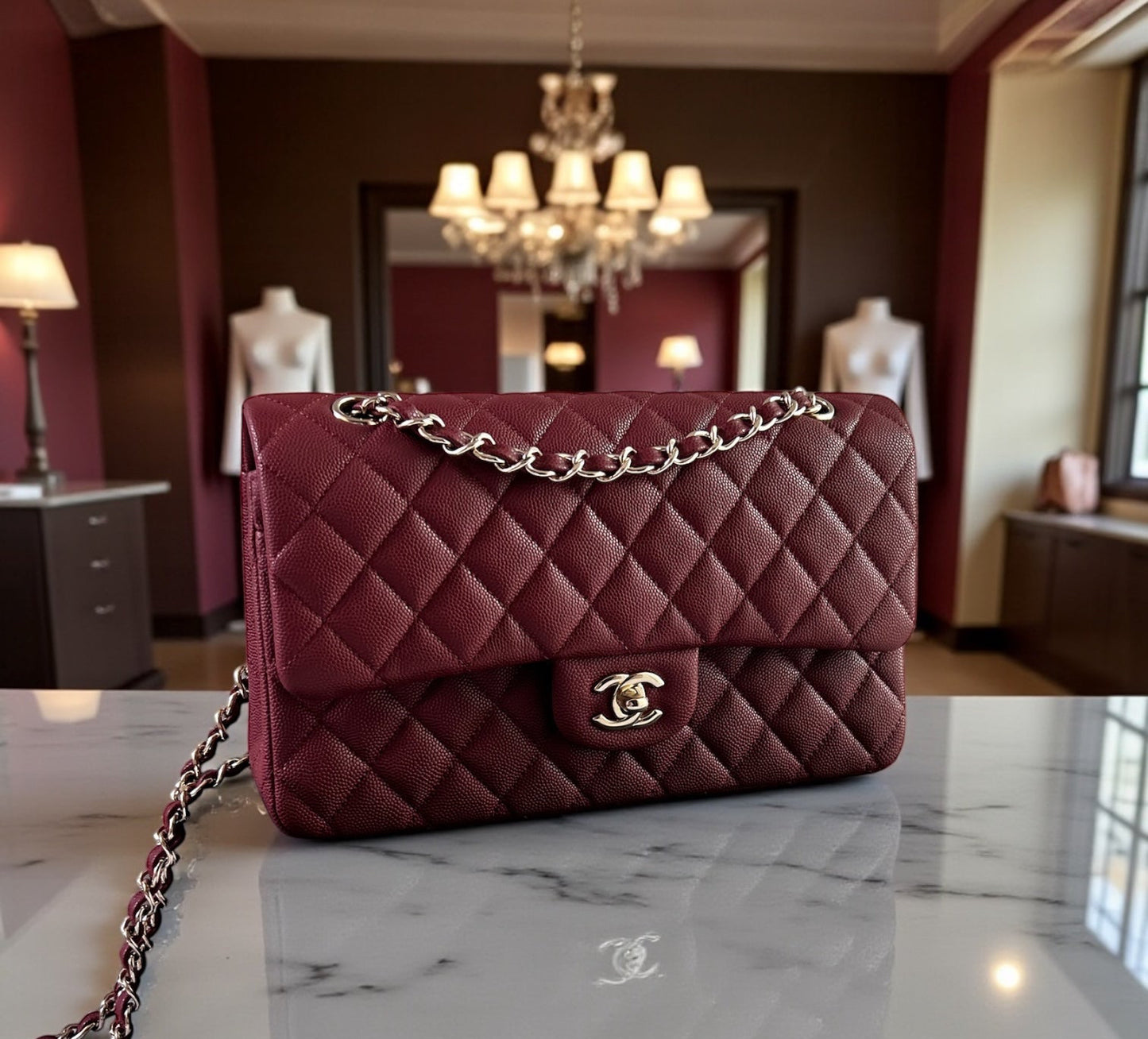 Bolso C-hanel piel caviar color vino, herrajes dorados