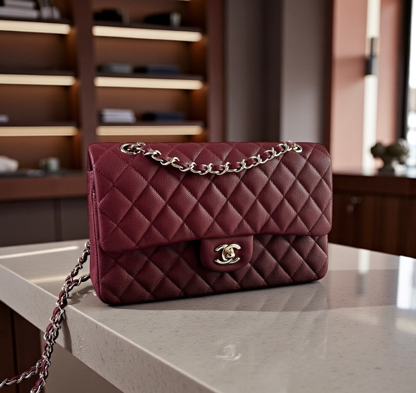 Bolso C-hanel piel caviar color vino, herrajes dorados