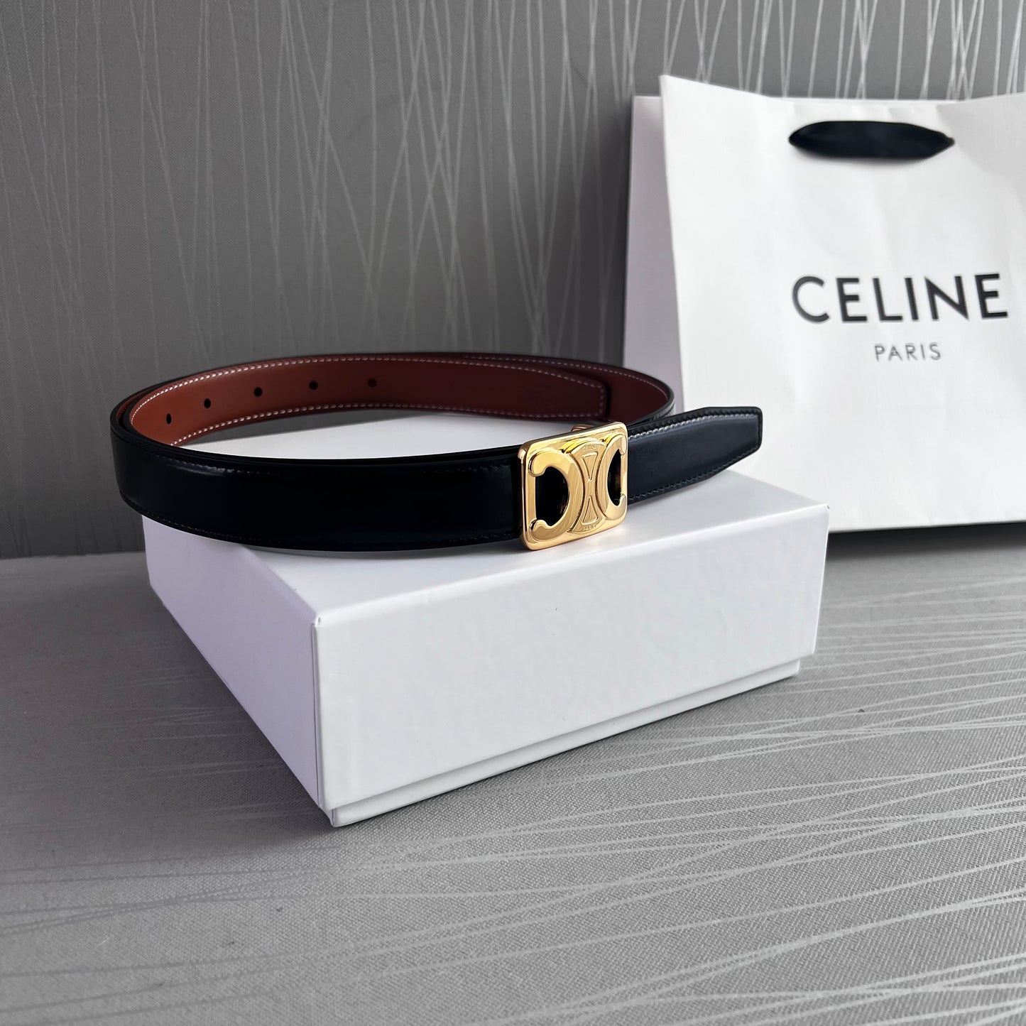 Cinto C reversible negro y camel piel