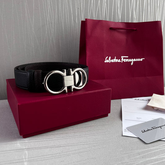 Cinto F-erragamo piel granulada reversible café y negro