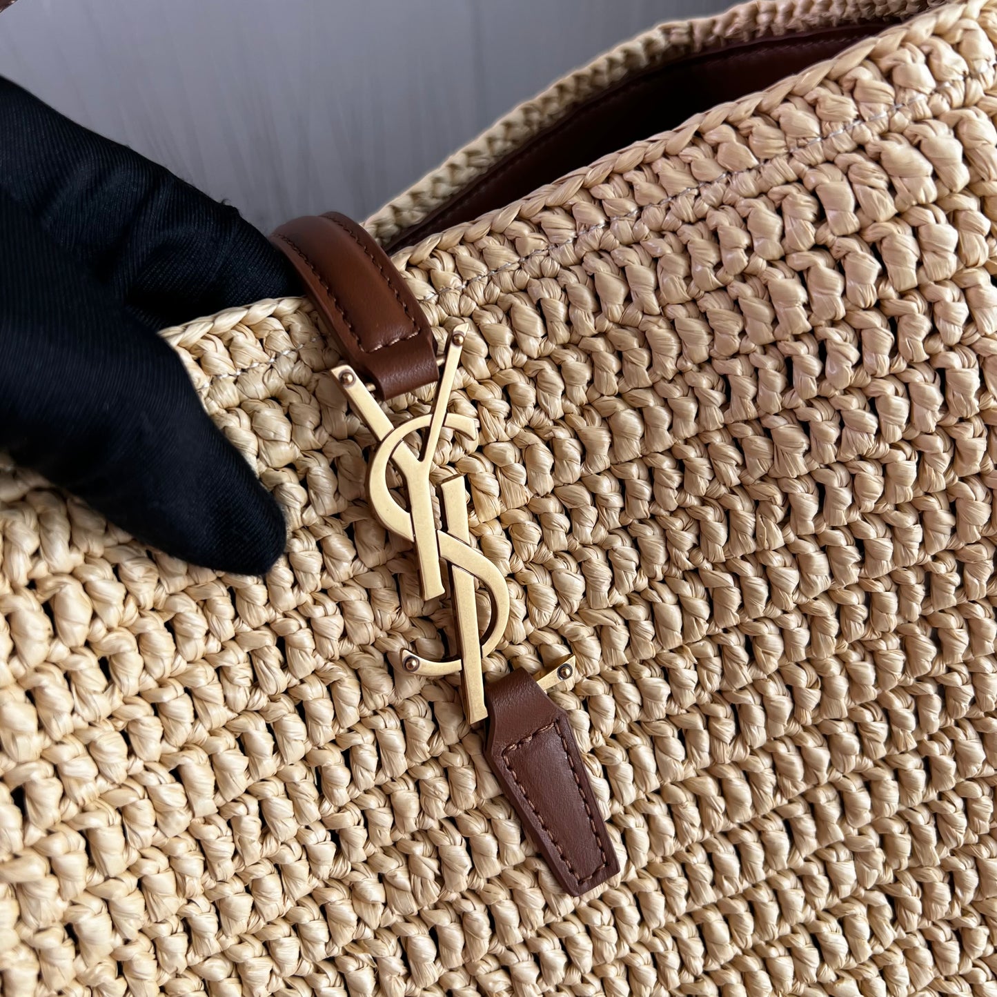 Bolso Y rafia natura y piel color marrón tamaño mediano